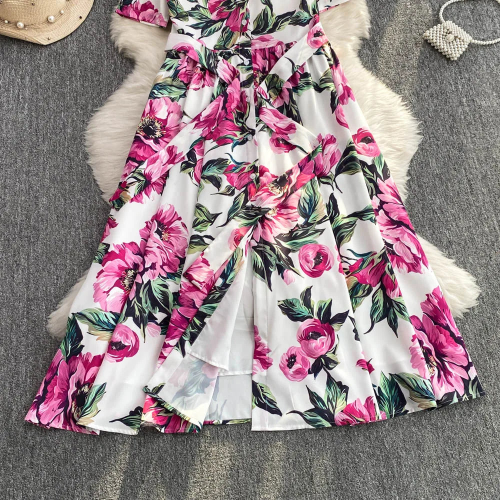 Women Long Dress 2025 Elegant Summer Thin Rose Print Shirt Long Dress Boho Party Y2k