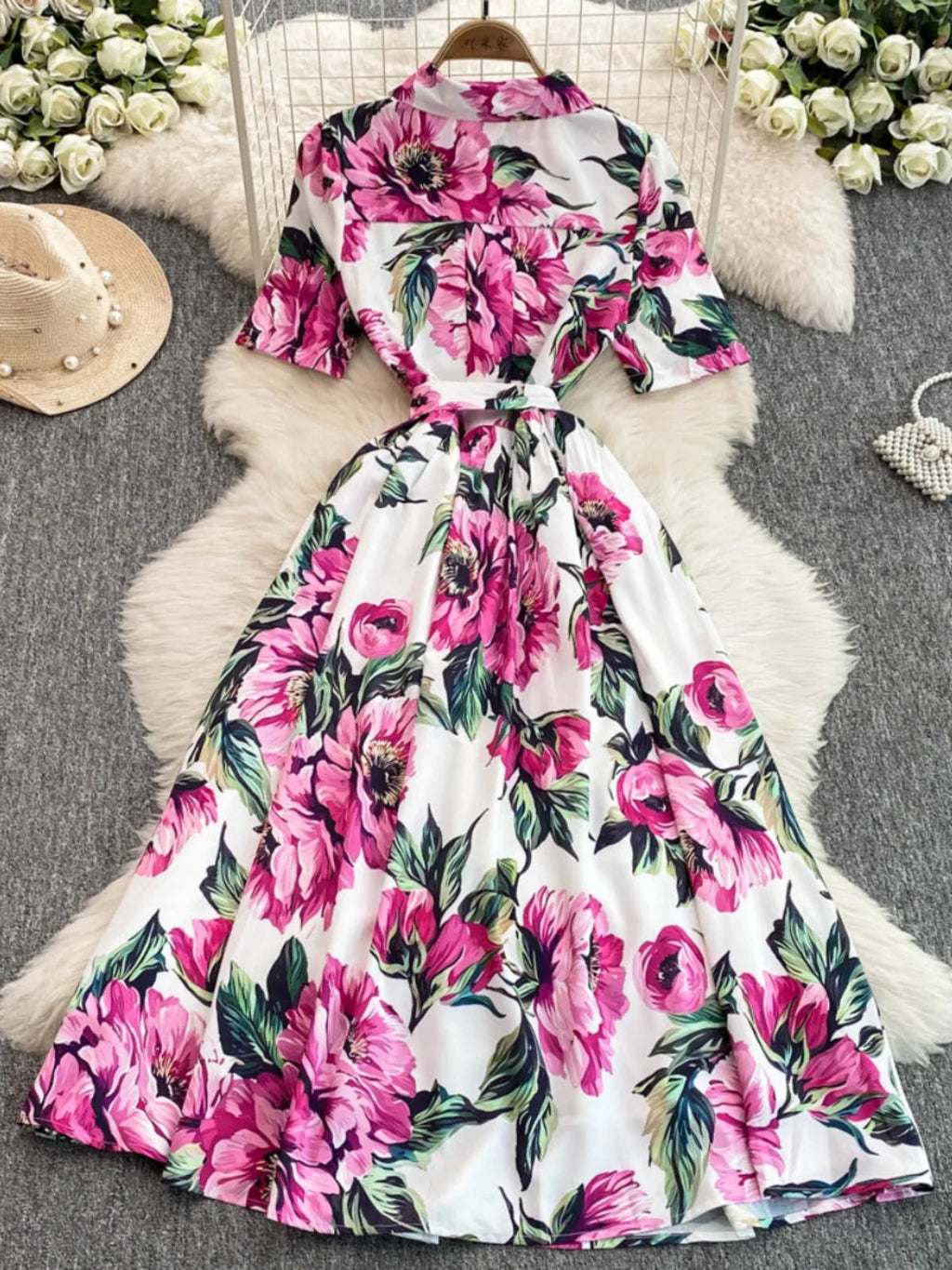 Women Long Dress 2025 Elegant Summer Thin Rose Print Shirt Long Dress Boho Party Y2k