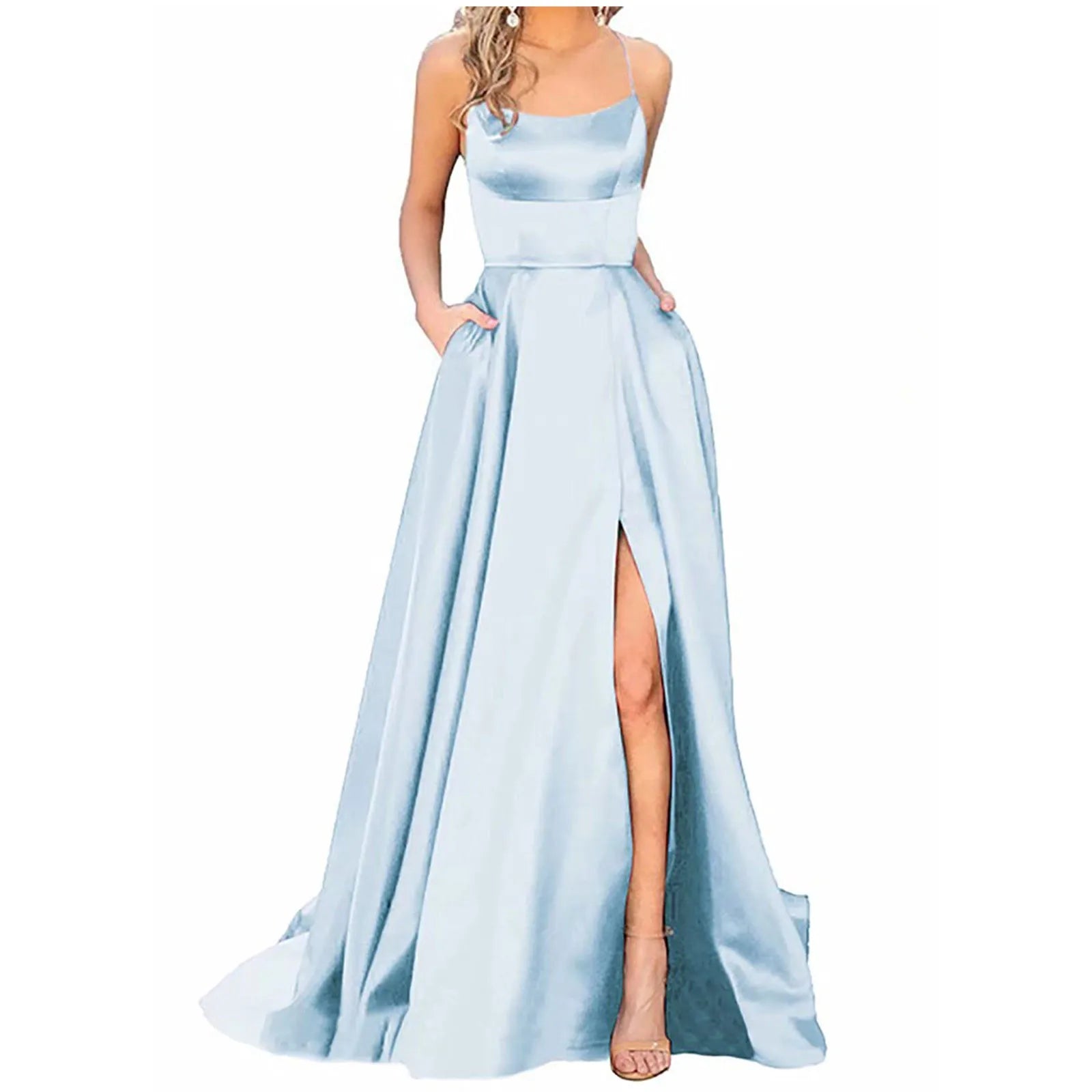 Women'S Long Dresses  Backless Long Dresses Satin Strap Party  Dress Side Slit Wedding Pockets Dress Vestidos платье 2024