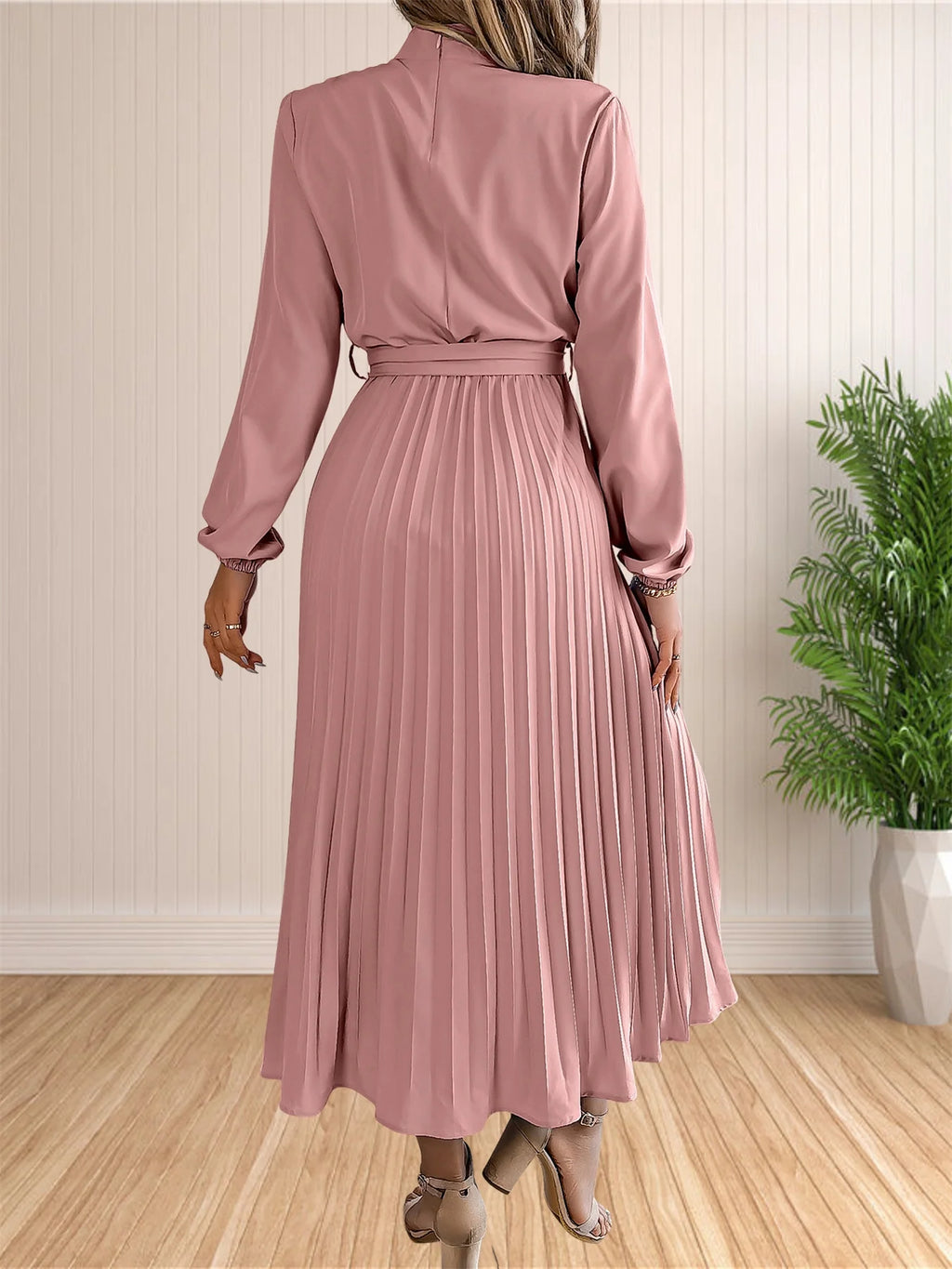 Women's Long Dresses Summer Elegant Pleated Long Sleeveed Lace Up Dresses Beach Boho Wrap Ruffle Hem Swing Sundress