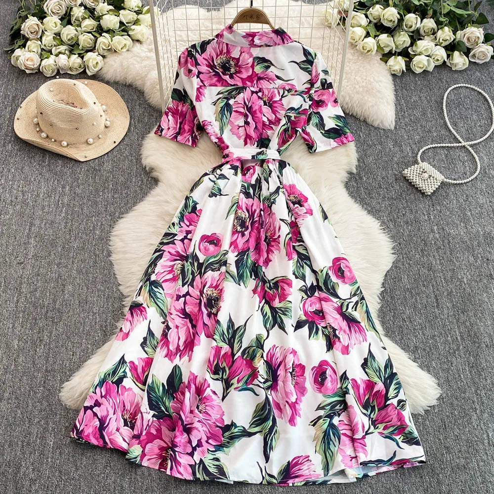 Women Long Dress 2025 Elegant Summer Thin Rose Print Shirt Long Dress Boho Party Y2k