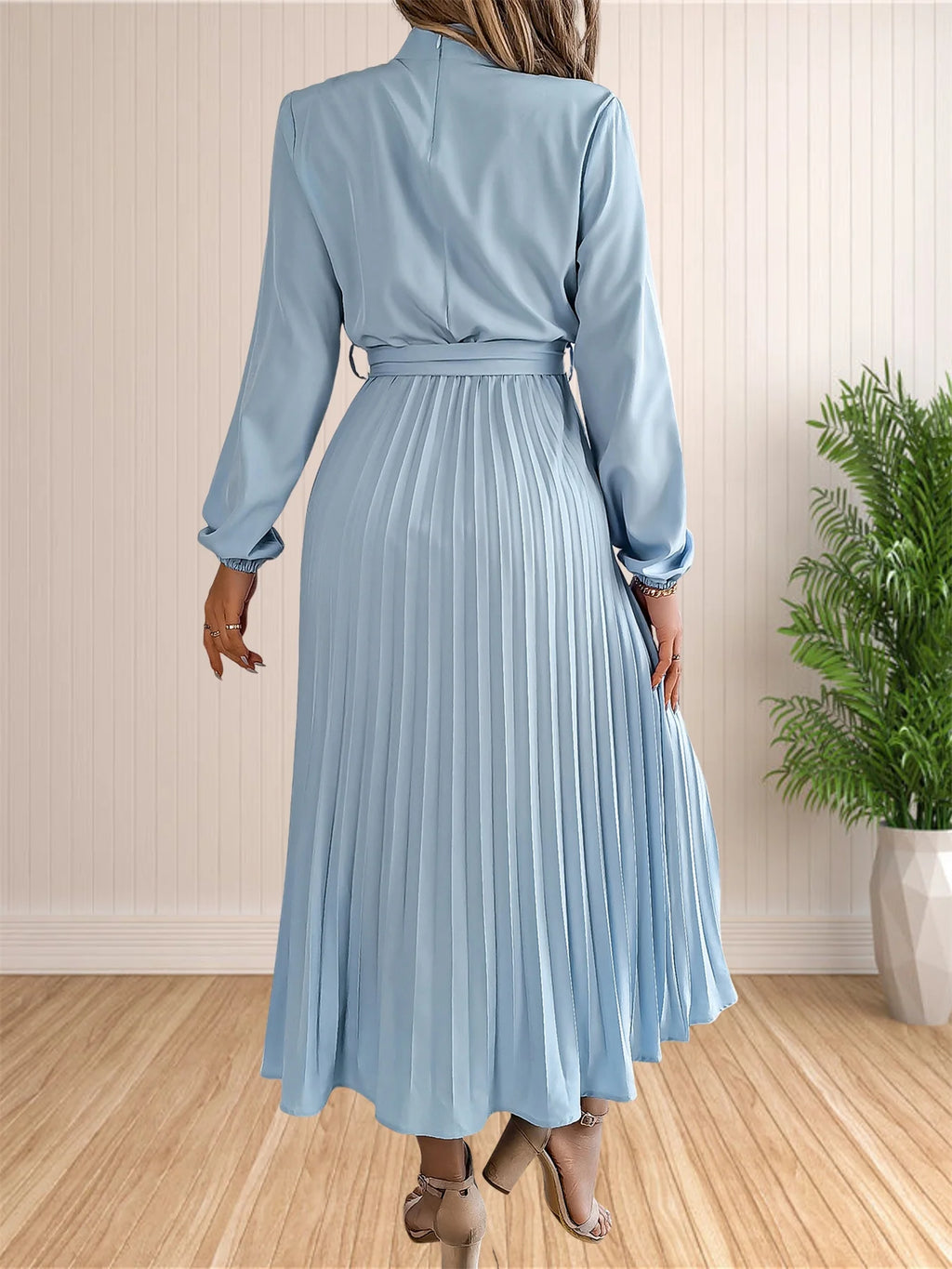 Women's Long Dresses Summer Elegant Pleated Long Sleeveed Lace Up Dresses Beach Boho Wrap Ruffle Hem Swing Sundress