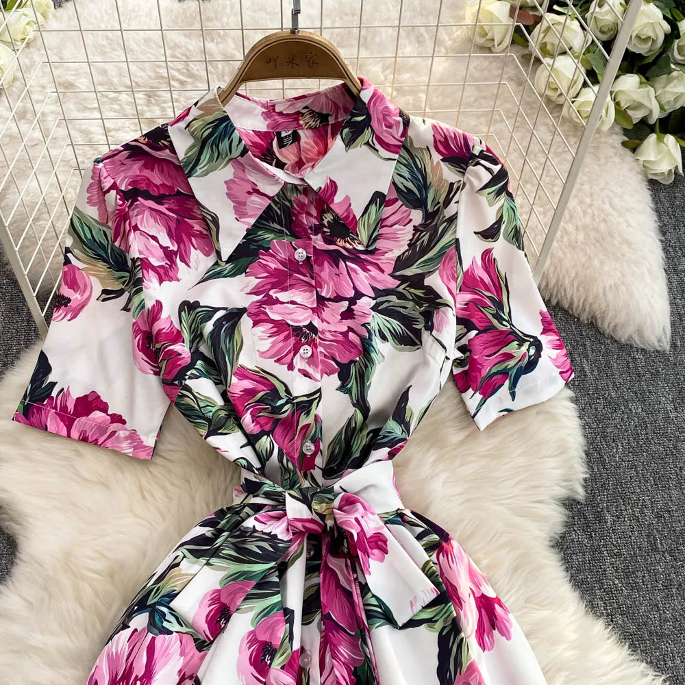 Women Long Dress 2025 Elegant Summer Thin Rose Print Shirt Long Dress Boho Party Y2k