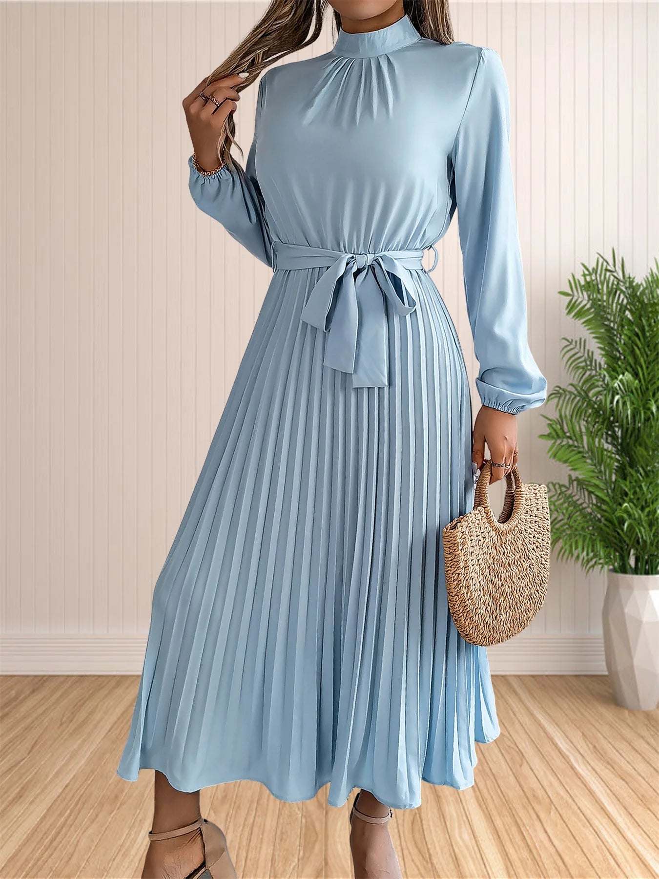 Women's Long Dresses Summer Elegant Pleated Long Sleeveed Lace Up Dresses Beach Boho Wrap Ruffle Hem Swing Sundress