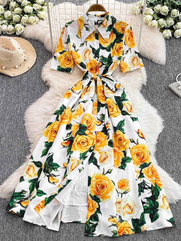 Women Long Dress 2025 Elegant Summer Thin Rose Print Shirt Long Dress Boho Party Y2k
