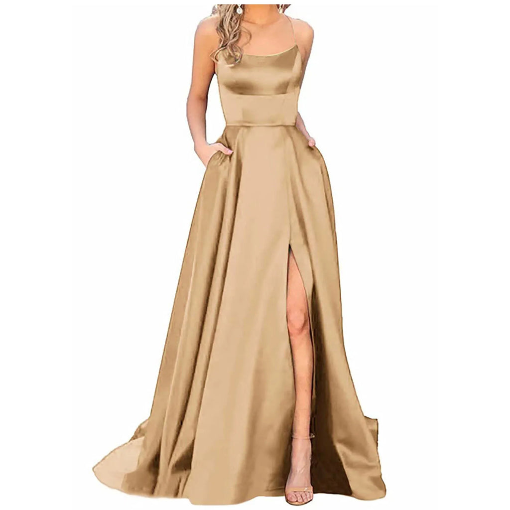 Women'S Long Dresses  Backless Long Dresses Satin Strap Party  Dress Side Slit Wedding Pockets Dress Vestidos платье 2024