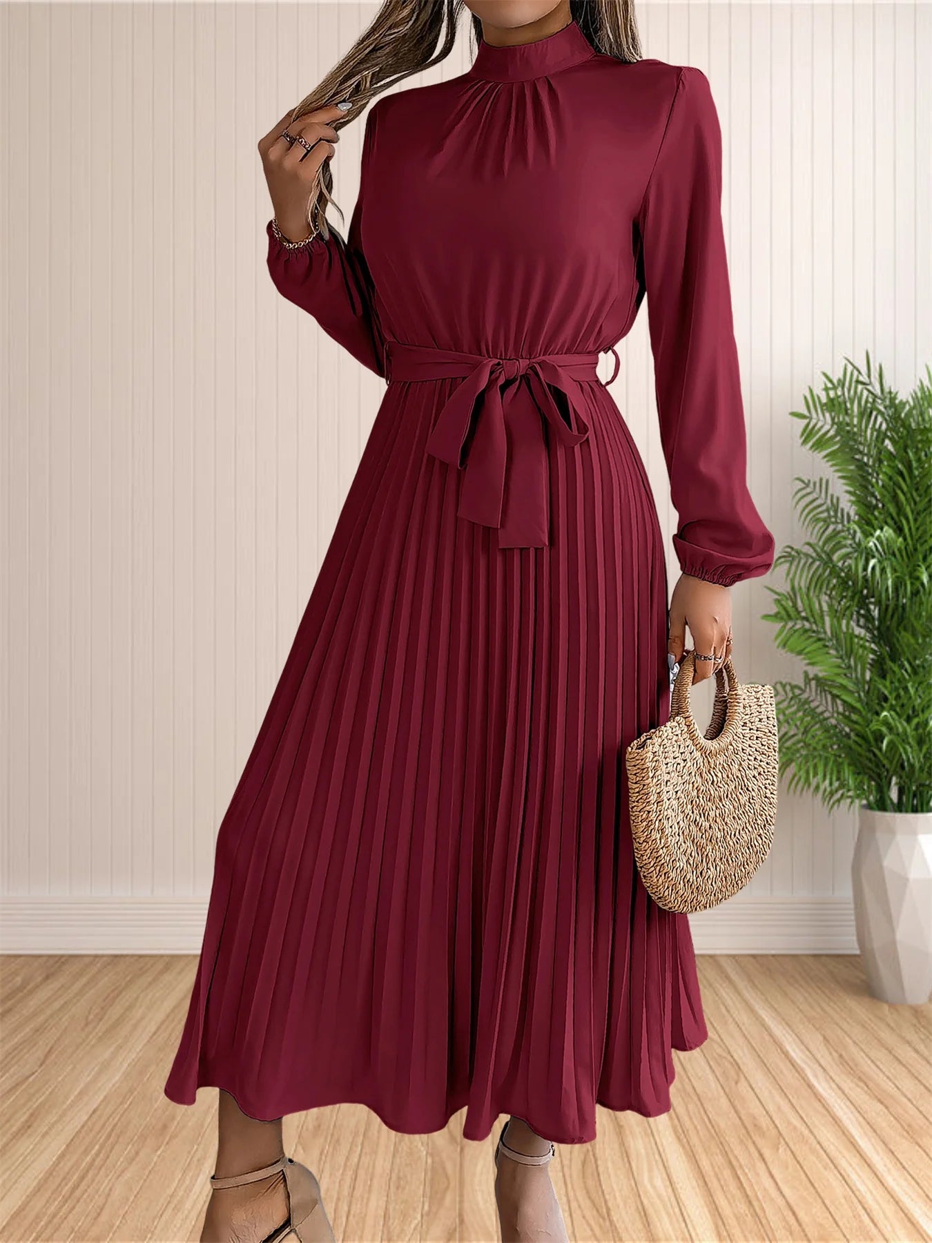Women's Long Dresses Summer Elegant Pleated Long Sleeveed Lace Up Dresses Beach Boho Wrap Ruffle Hem Swing Sundress
