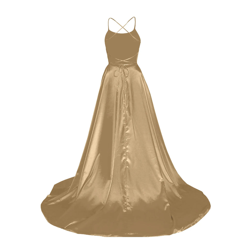 Women'S Long Dresses  Backless Long Dresses Satin Strap Party  Dress Side Slit Wedding Pockets Dress Vestidos платье 2024