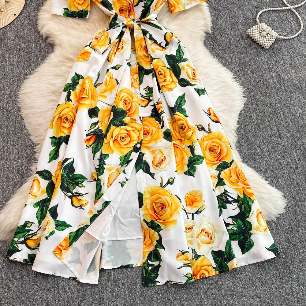 Women Long Dress 2025 Elegant Summer Thin Rose Print Shirt Long Dress Boho Party Y2k
