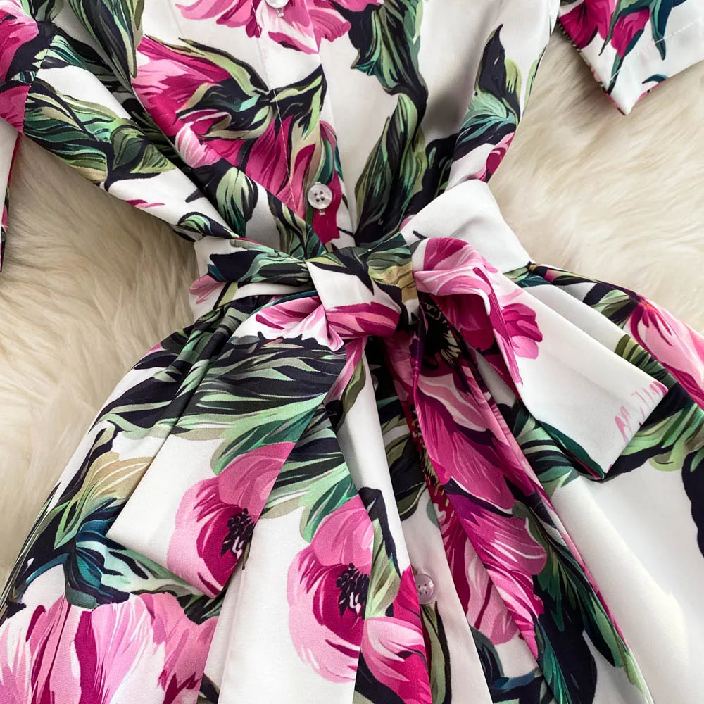 Women Long Dress 2025 Elegant Summer Thin Rose Print Shirt Long Dress Boho Party Y2k