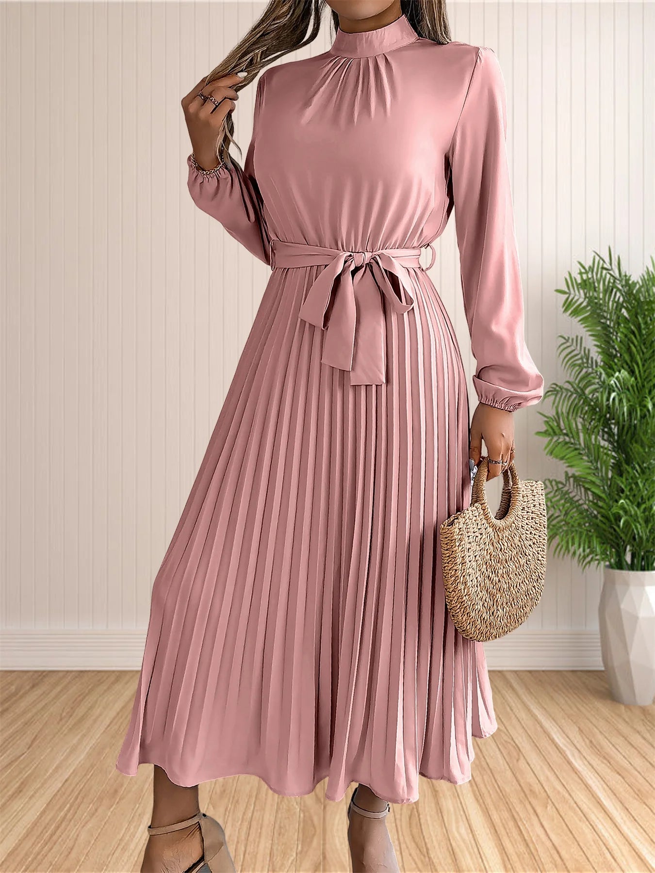 Women's Long Dresses Summer Elegant Pleated Long Sleeveed Lace Up Dresses Beach Boho Wrap Ruffle Hem Swing Sundress