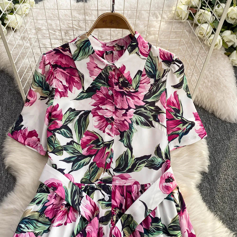 Women Long Dress 2025 Elegant Summer Thin Rose Print Shirt Long Dress Boho Party Y2k