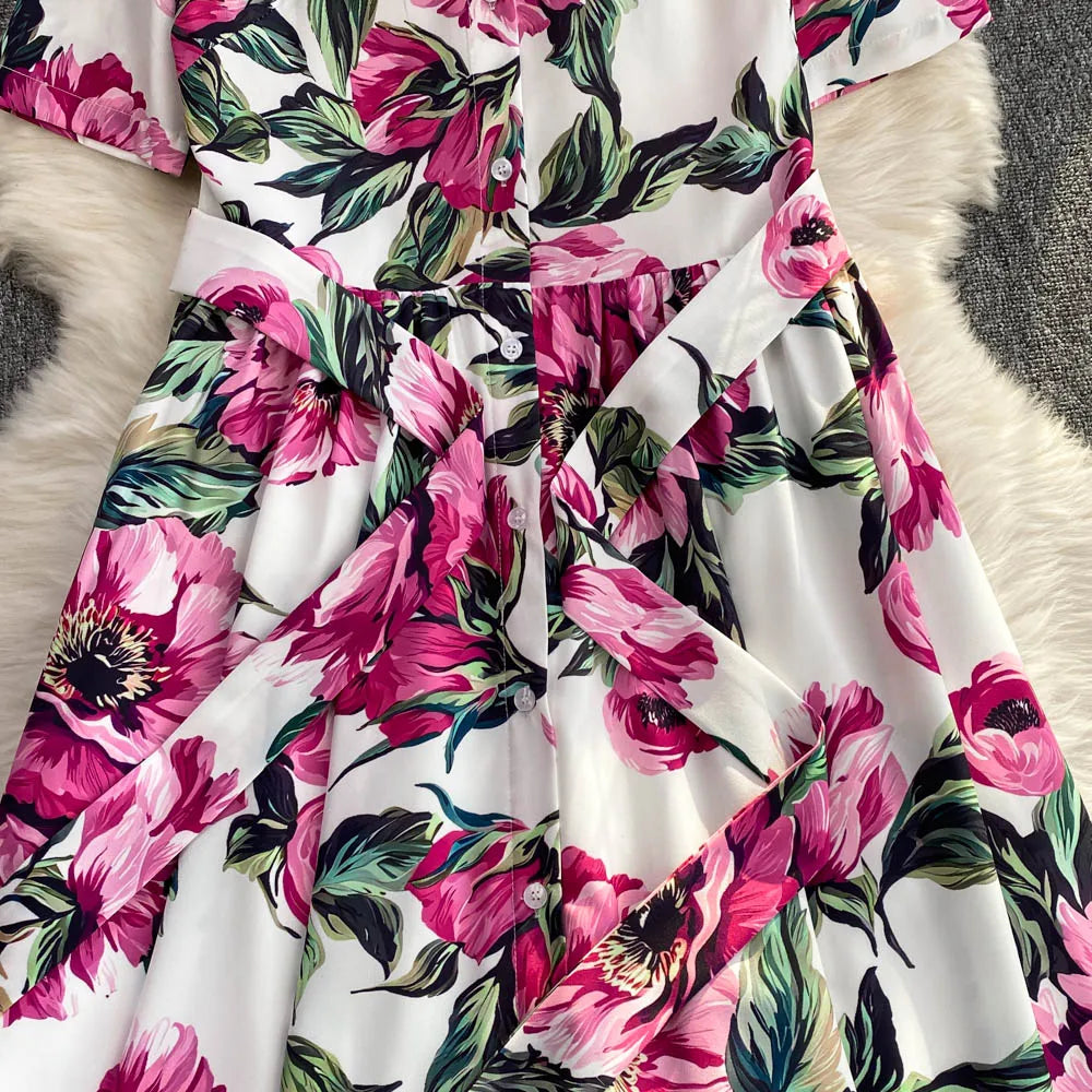 Women Long Dress 2025 Elegant Summer Thin Rose Print Shirt Long Dress Boho Party Y2k