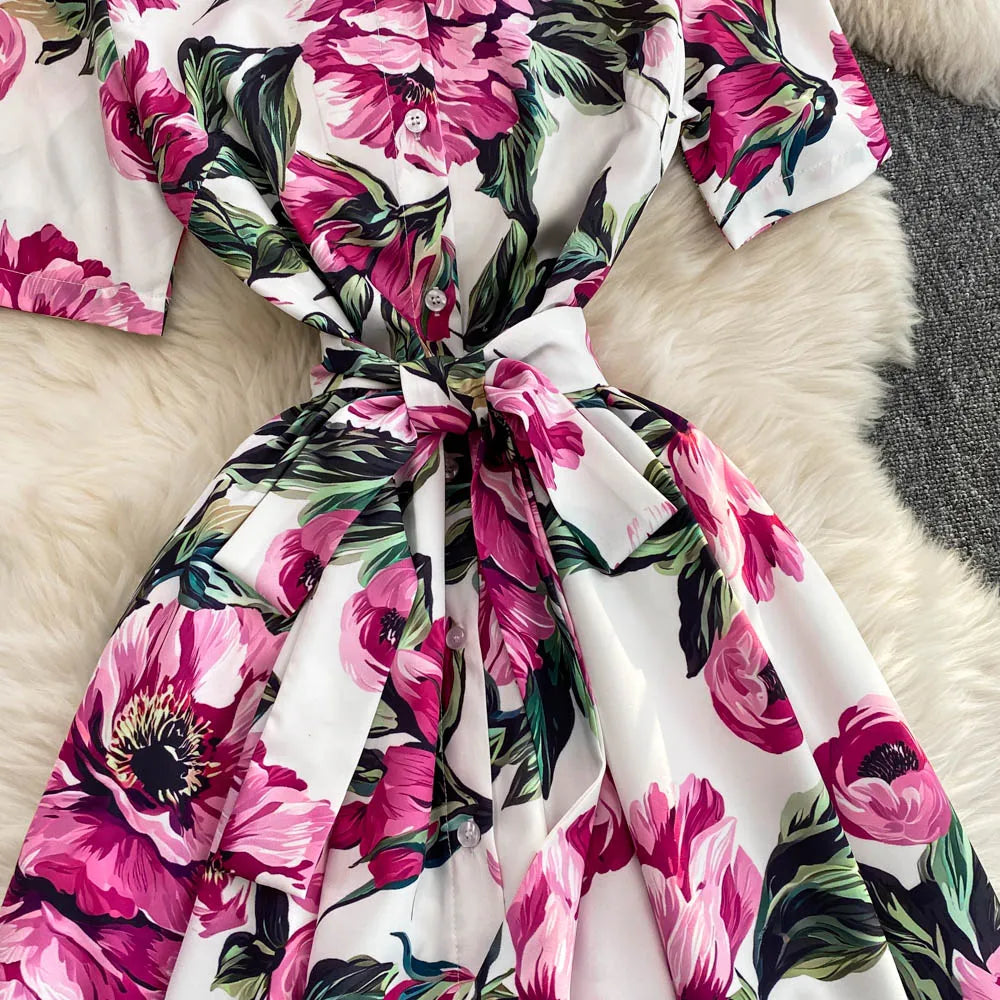 Women Long Dress 2025 Elegant Summer Thin Rose Print Shirt Long Dress Boho Party Y2k