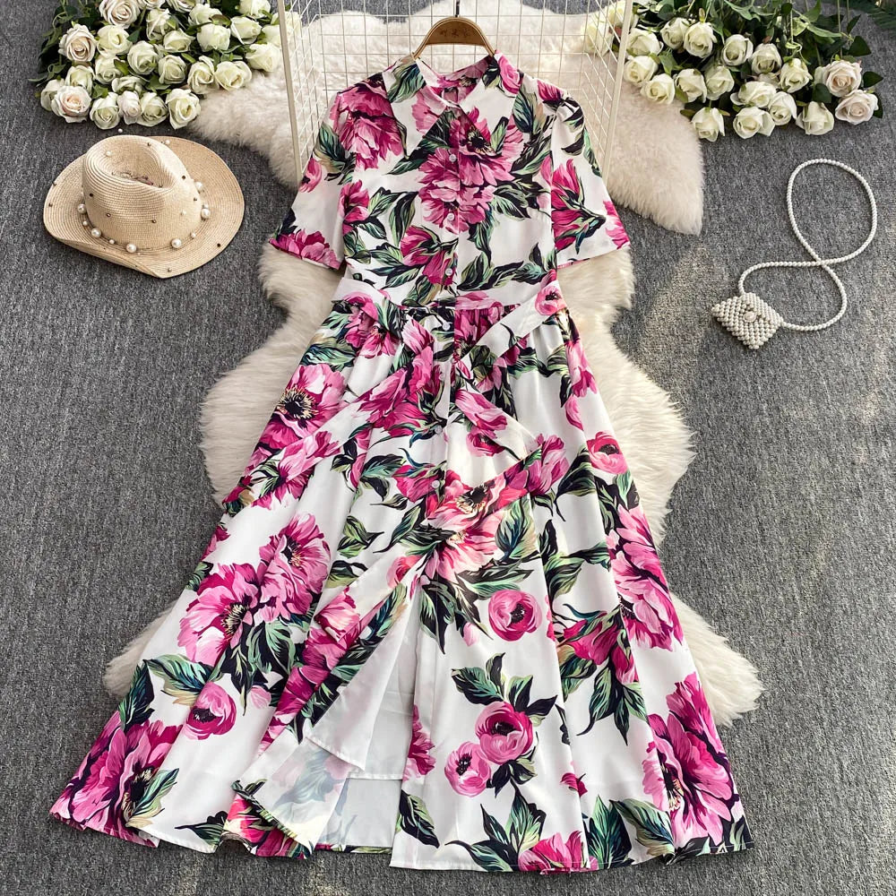Women Long Dress 2025 Elegant Summer Thin Rose Print Shirt Long Dress Boho Party Y2k