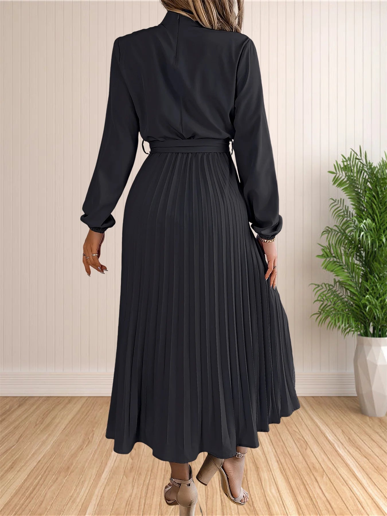 Women's Long Dresses Summer Elegant Pleated Long Sleeveed Lace Up Dresses Beach Boho Wrap Ruffle Hem Swing Sundress