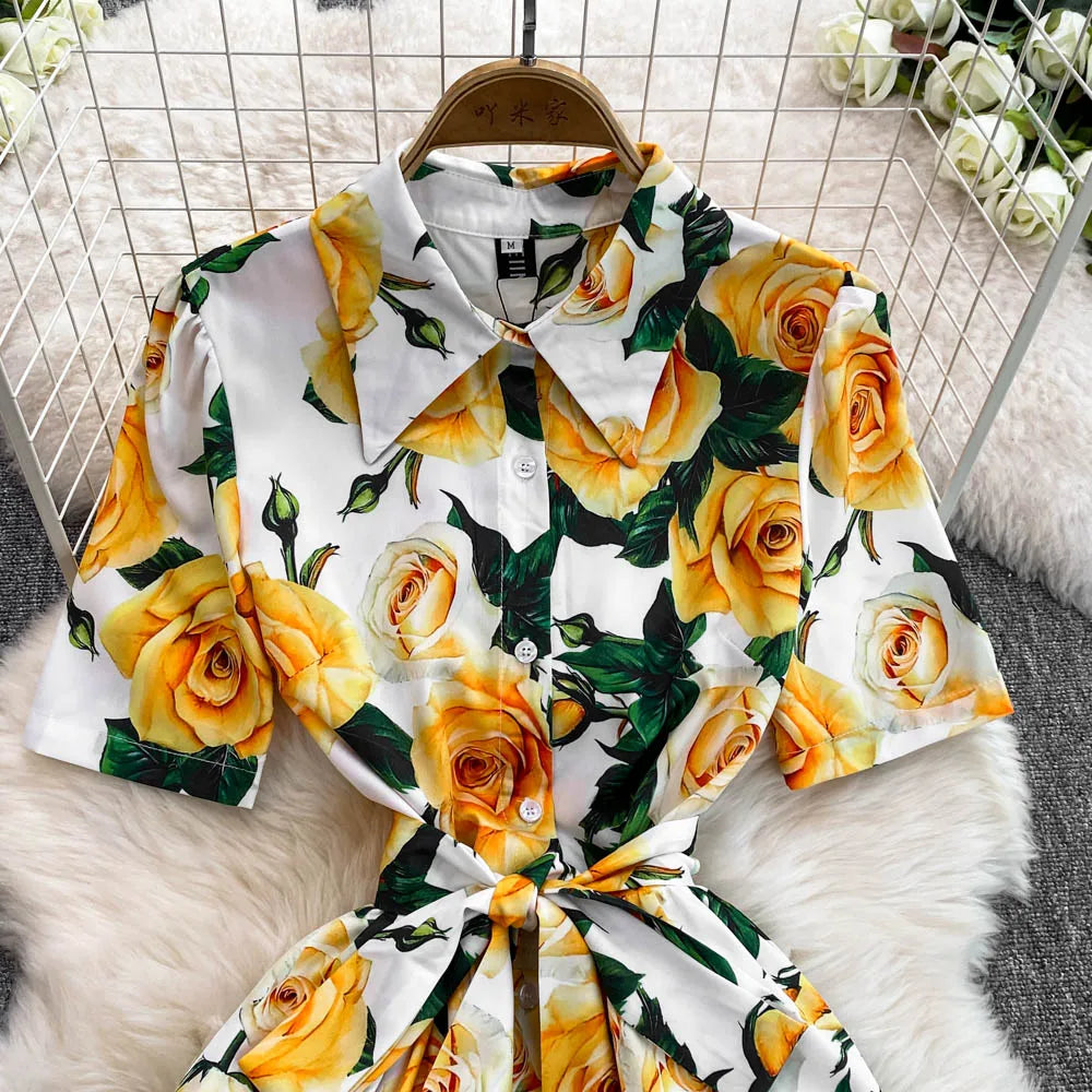 Women Long Dress 2025 Elegant Summer Thin Rose Print Shirt Long Dress Boho Party Y2k