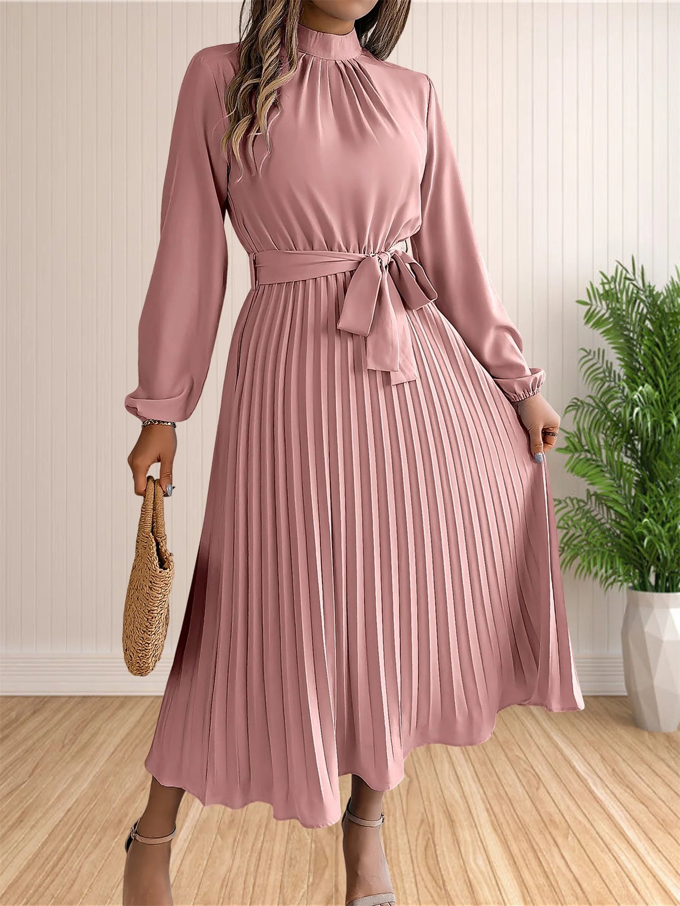 Women's Long Dresses Summer Elegant Pleated Long Sleeveed Lace Up Dresses Beach Boho Wrap Ruffle Hem Swing Sundress