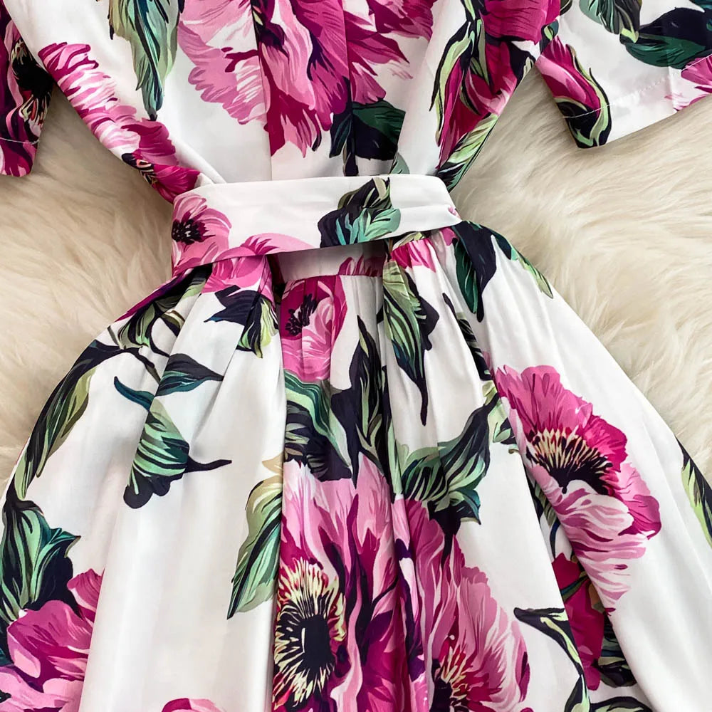 Women Long Dress 2025 Elegant Summer Thin Rose Print Shirt Long Dress Boho Party Y2k