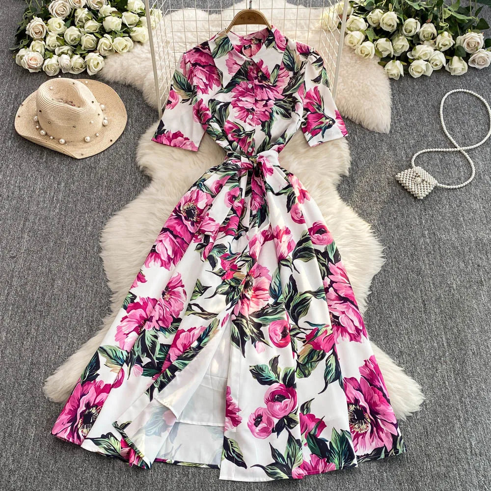 Women Long Dress 2025 Elegant Summer Thin Rose Print Shirt Long Dress Boho Party Y2k
