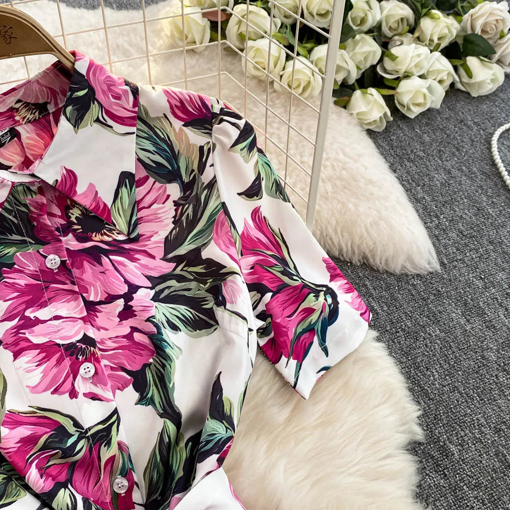 Women Long Dress 2025 Elegant Summer Thin Rose Print Shirt Long Dress Boho Party Y2k