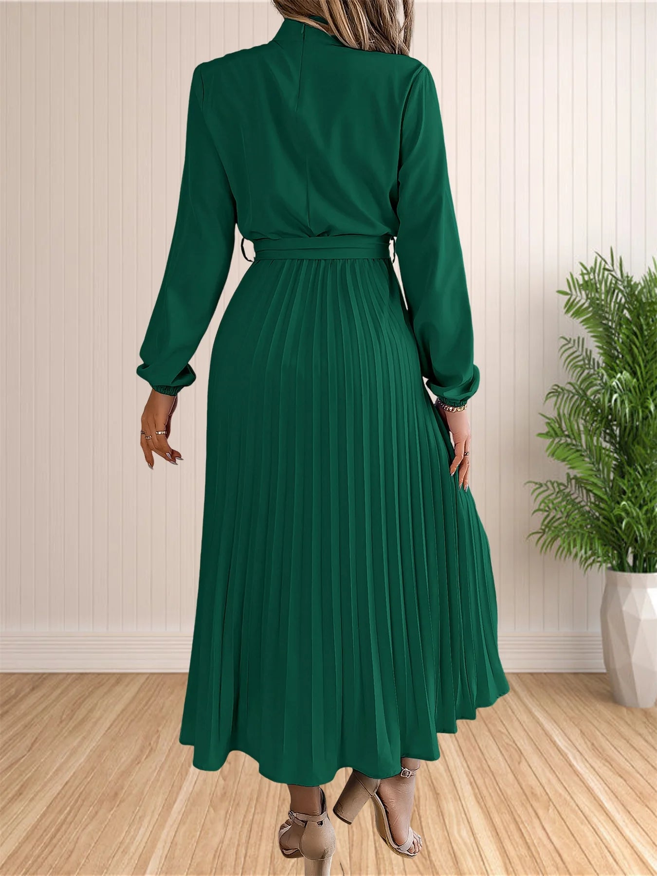 Women's Long Dresses Summer Elegant Pleated Long Sleeveed Lace Up Dresses Beach Boho Wrap Ruffle Hem Swing Sundress