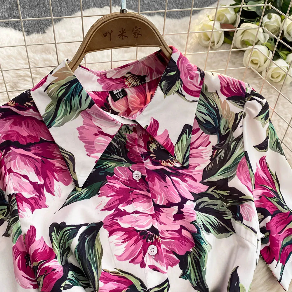 Women Long Dress 2025 Elegant Summer Thin Rose Print Shirt Long Dress Boho Party Y2k