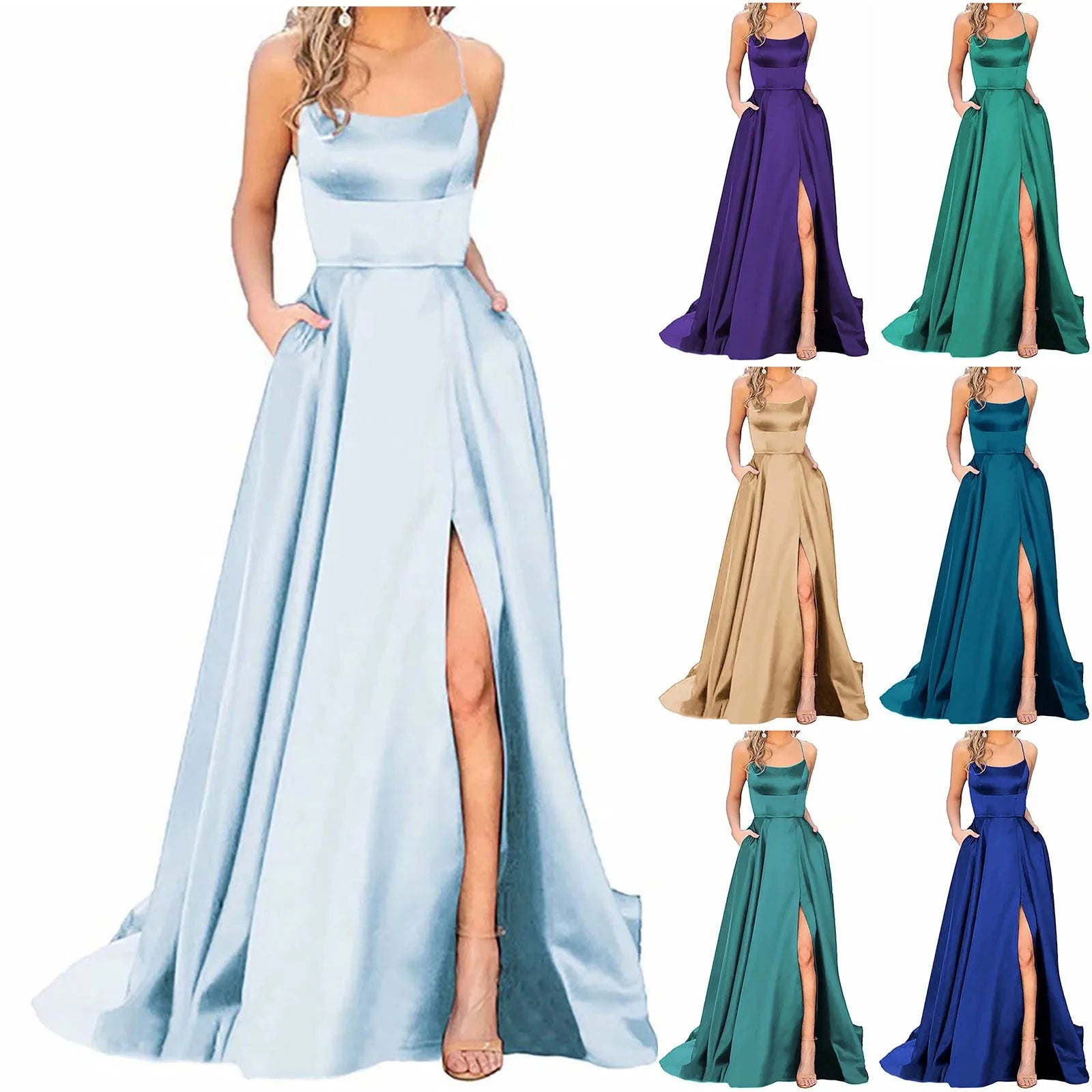 Women'S Long Dresses  Backless Long Dresses Satin Strap Party  Dress Side Slit Wedding Pockets Dress Vestidos платье 2024
