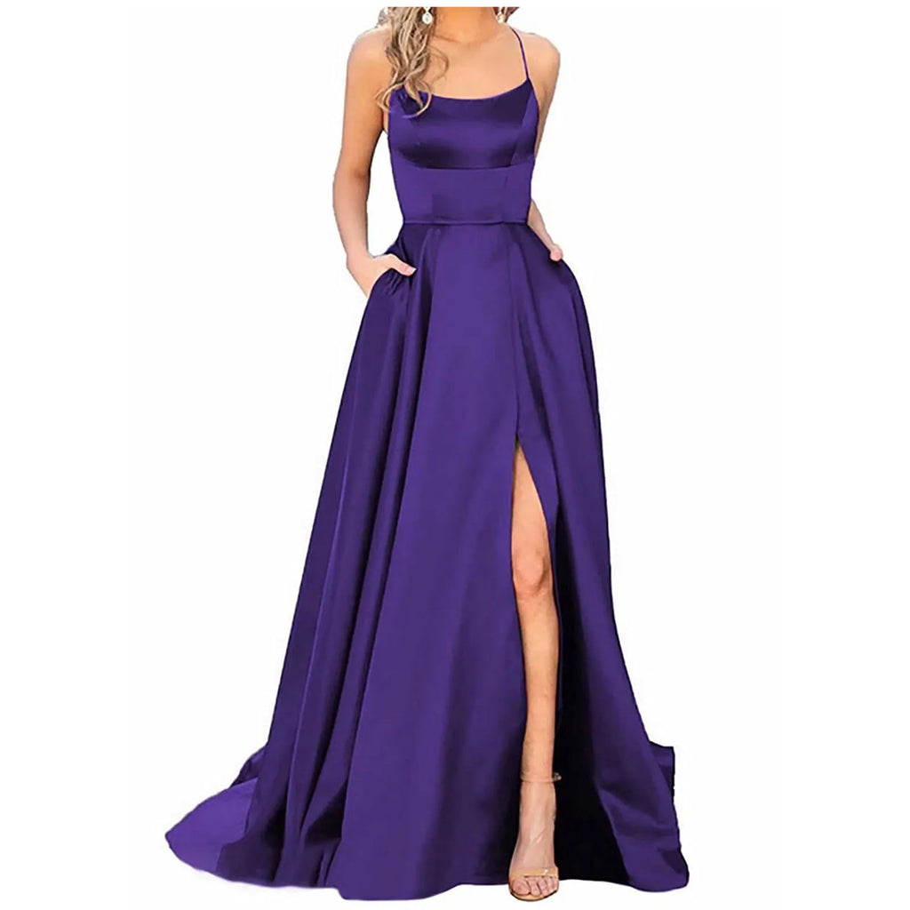 Women'S Long Dresses  Backless Long Dresses Satin Strap Party  Dress Side Slit Wedding Pockets Dress Vestidos платье 2024