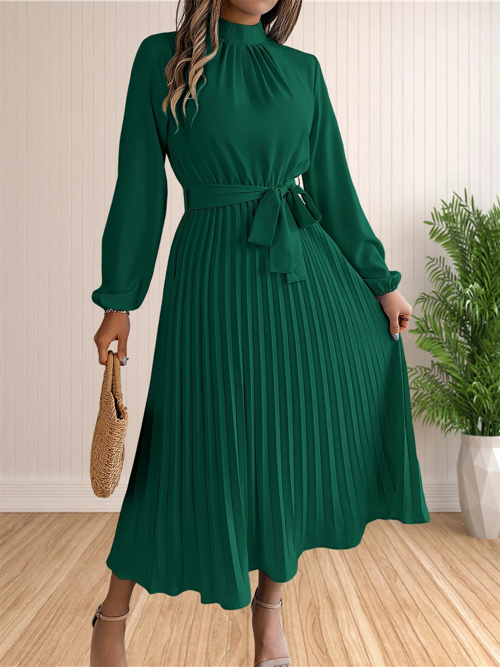 Women's Long Dresses Summer Elegant Pleated Long Sleeveed Lace Up Dresses Beach Boho Wrap Ruffle Hem Swing Sundress