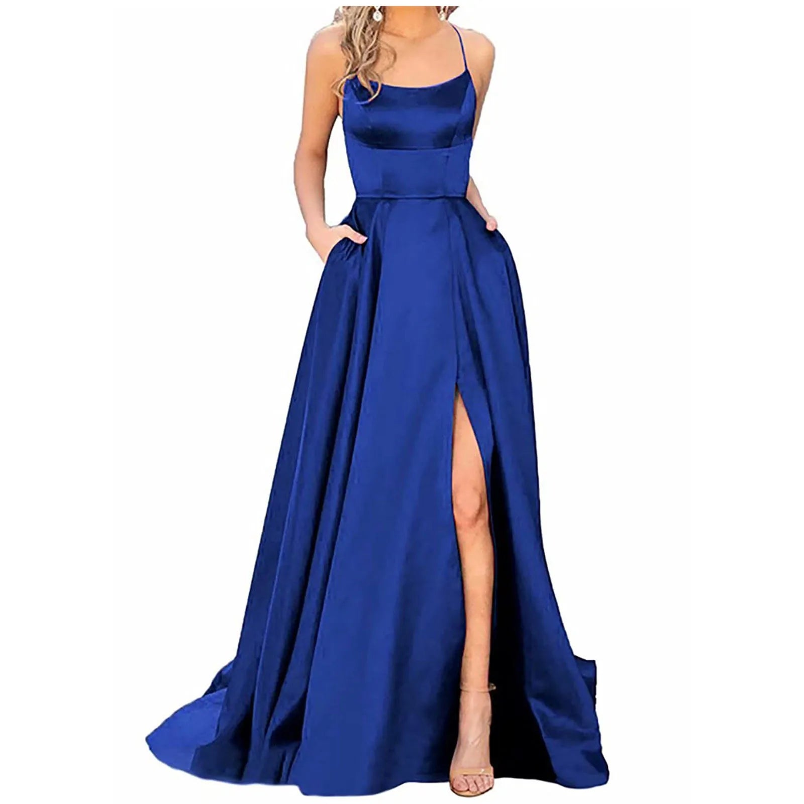 Women'S Long Dresses  Backless Long Dresses Satin Strap Party  Dress Side Slit Wedding Pockets Dress Vestidos платье 2024