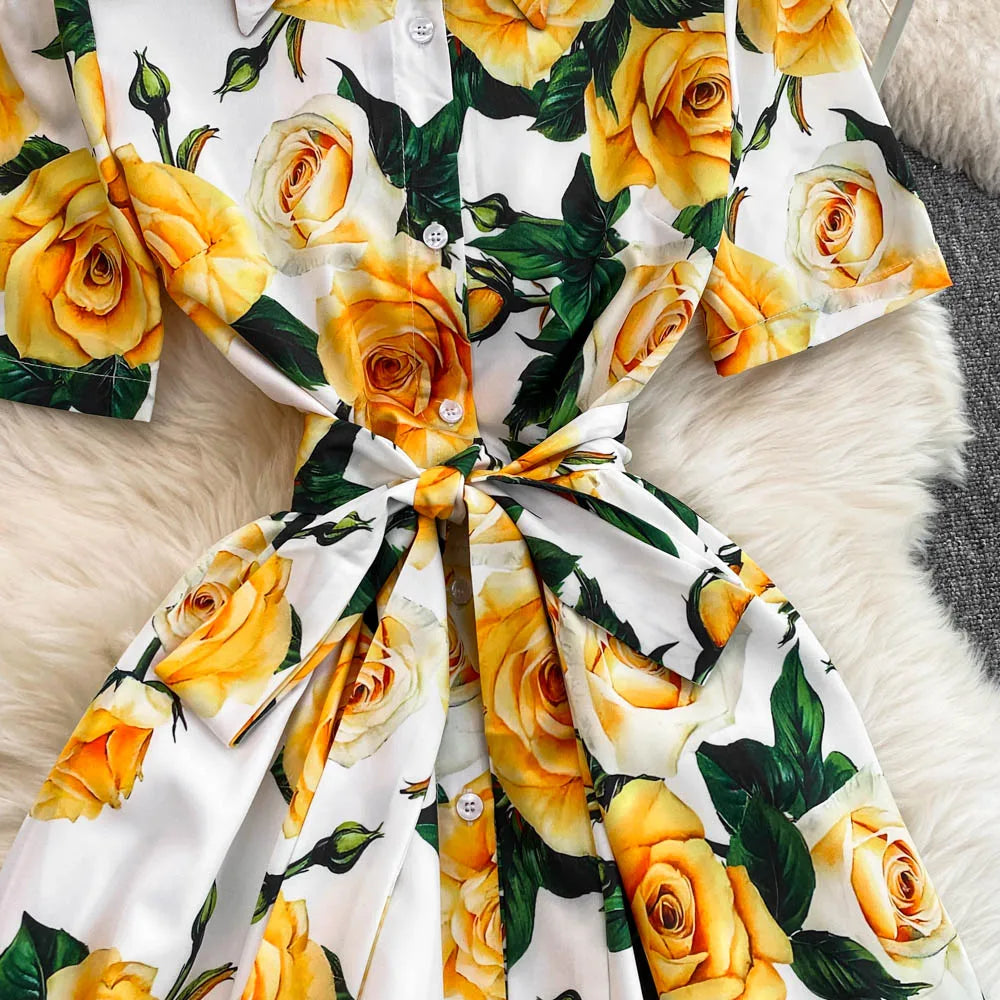 Women Long Dress 2025 Elegant Summer Thin Rose Print Shirt Long Dress Boho Party Y2k