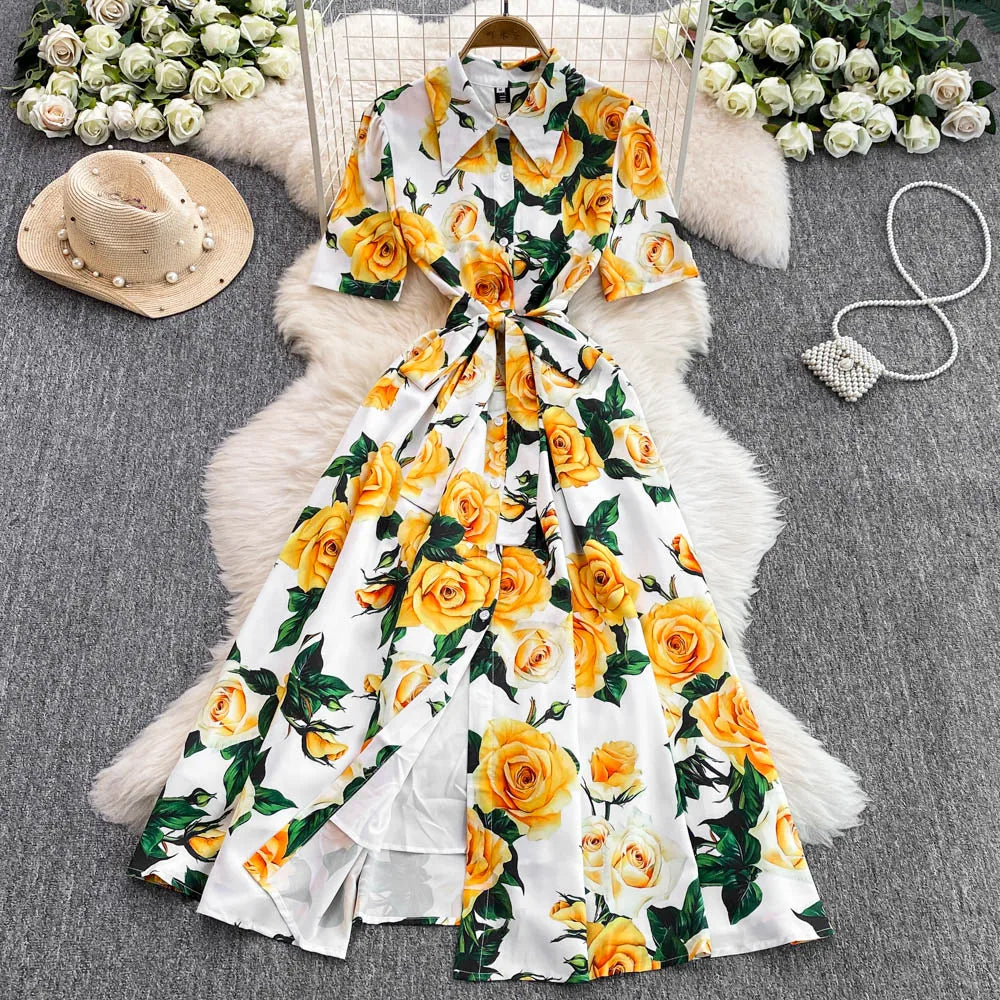 Women Long Dress 2025 Elegant Summer Thin Rose Print Shirt Long Dress Boho Party Y2k