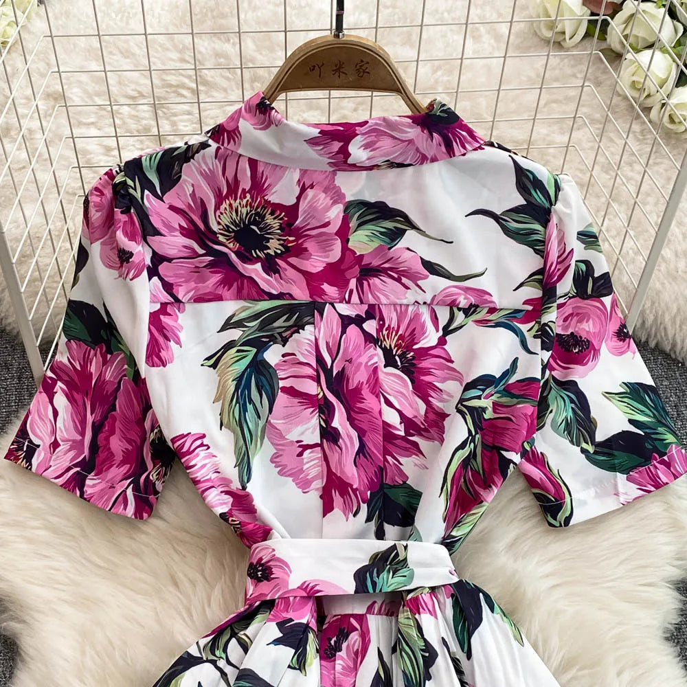 Women Long Dress 2025 Elegant Summer Thin Rose Print Shirt Long Dress Boho Party Y2k
