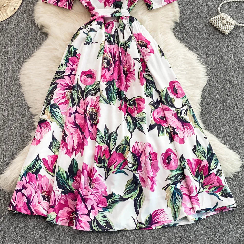 Women Long Dress 2025 Elegant Summer Thin Rose Print Shirt Long Dress Boho Party Y2k