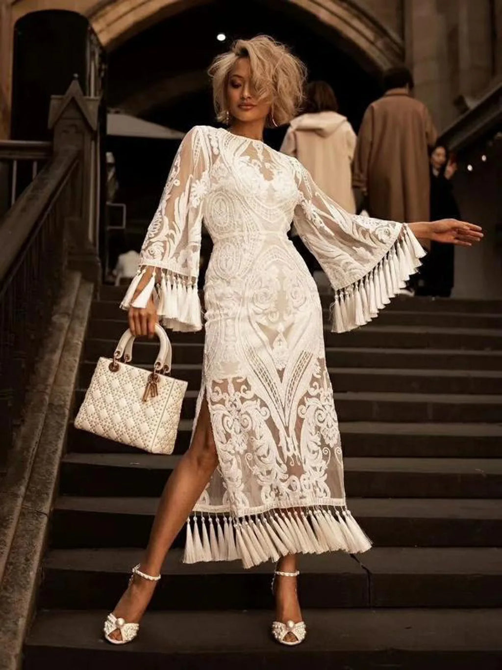 Elegant Long Dresses for Women Banquet Evening Dress Lace Embroidery Fringe Sexy Dress Vintage Wedding Party Prom Robe Vestidos