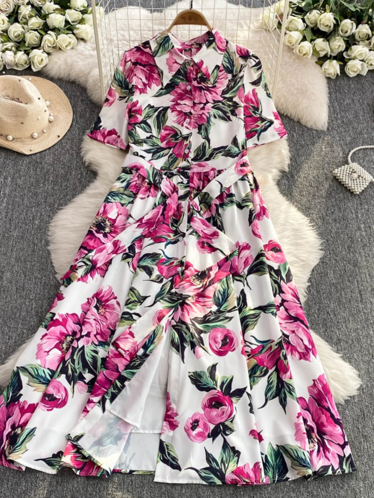 Women Long Dress 2025 Elegant Summer Thin Rose Print Shirt Long Dress Boho Party Y2k