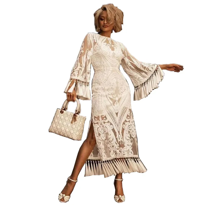 Elegant Long Dresses for Women Banquet Evening Dress Lace Embroidery Fringe Sexy Dress Vintage Wedding Party Prom Robe Vestidos