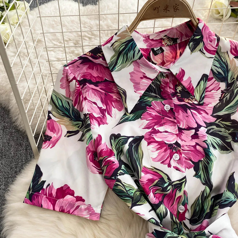 Women Long Dress 2025 Elegant Summer Thin Rose Print Shirt Long Dress Boho Party Y2k