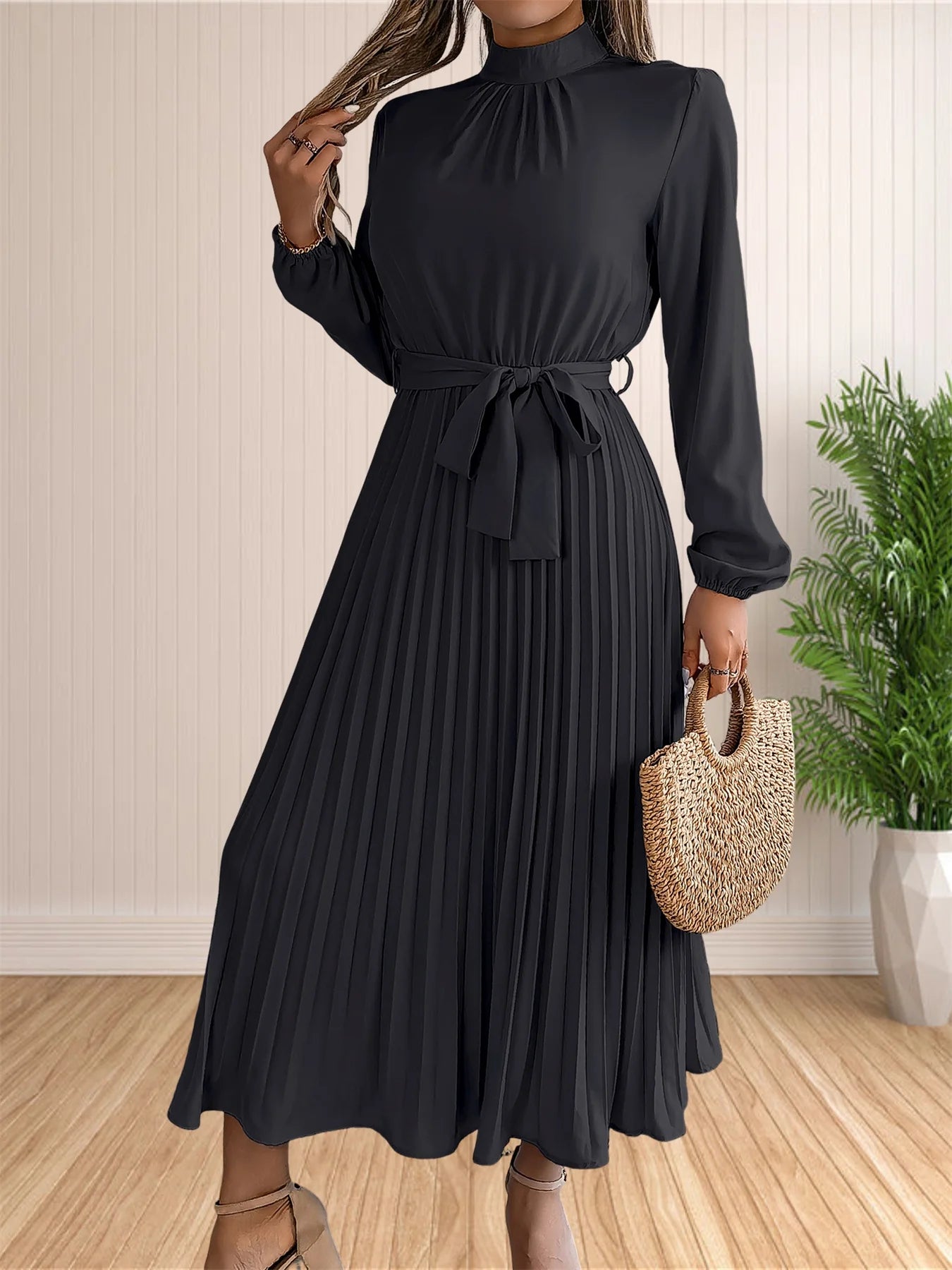 Women's Long Dresses Summer Elegant Pleated Long Sleeveed Lace Up Dresses Beach Boho Wrap Ruffle Hem Swing Sundress