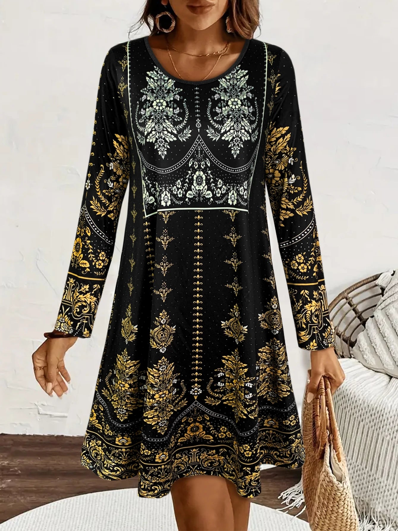 Women's Long - Sleeve Black Dress, Elegant Long - Sleeve Dress for Women, Elegant Casual & Party Wear