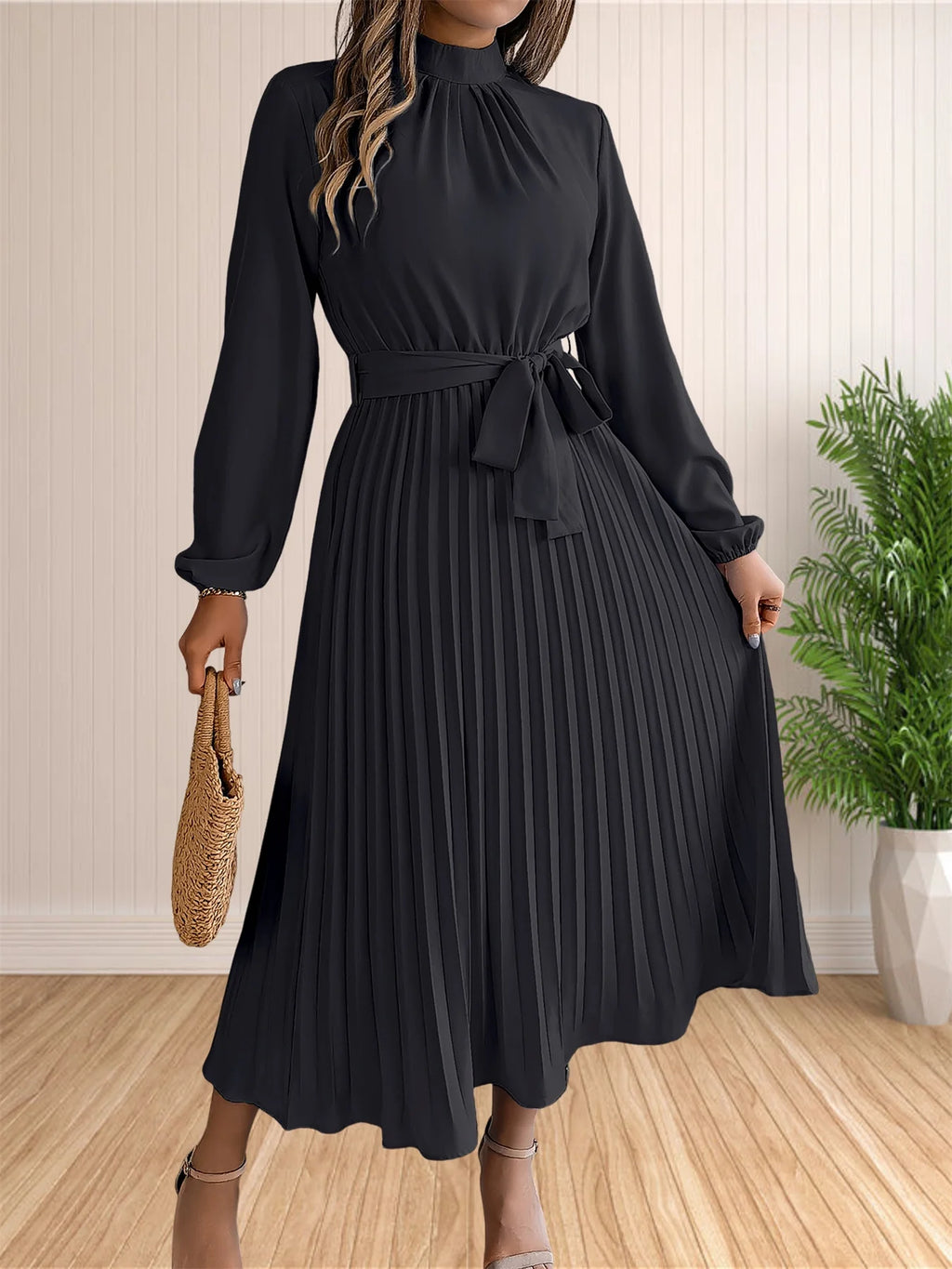 Women's Long Dresses Summer Elegant Pleated Long Sleeveed Lace Up Dresses Beach Boho Wrap Ruffle Hem Swing Sundress