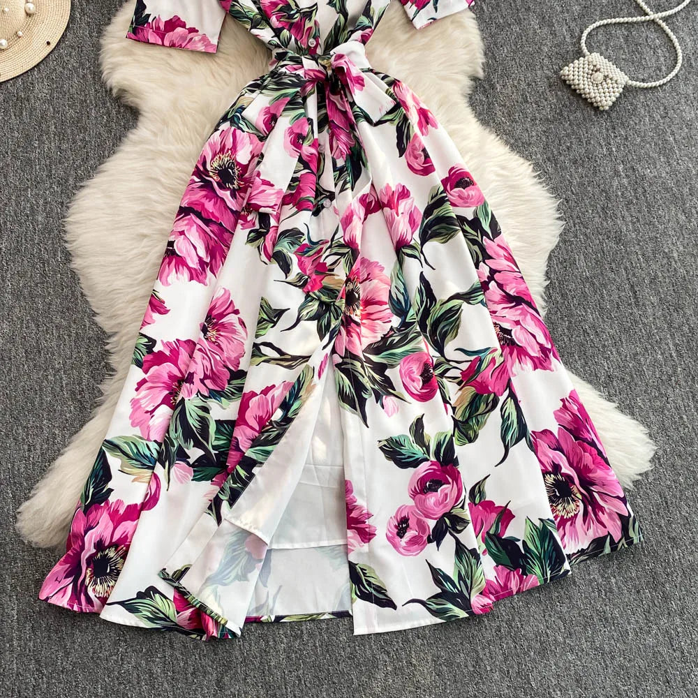 Women Long Dress 2025 Elegant Summer Thin Rose Print Shirt Long Dress Boho Party Y2k