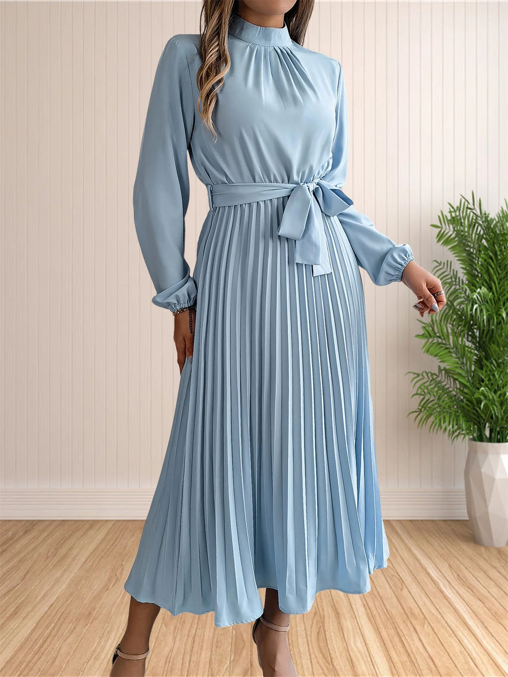 Women's Long Dresses Summer Elegant Pleated Long Sleeveed Lace Up Dresses Beach Boho Wrap Ruffle Hem Swing Sundress