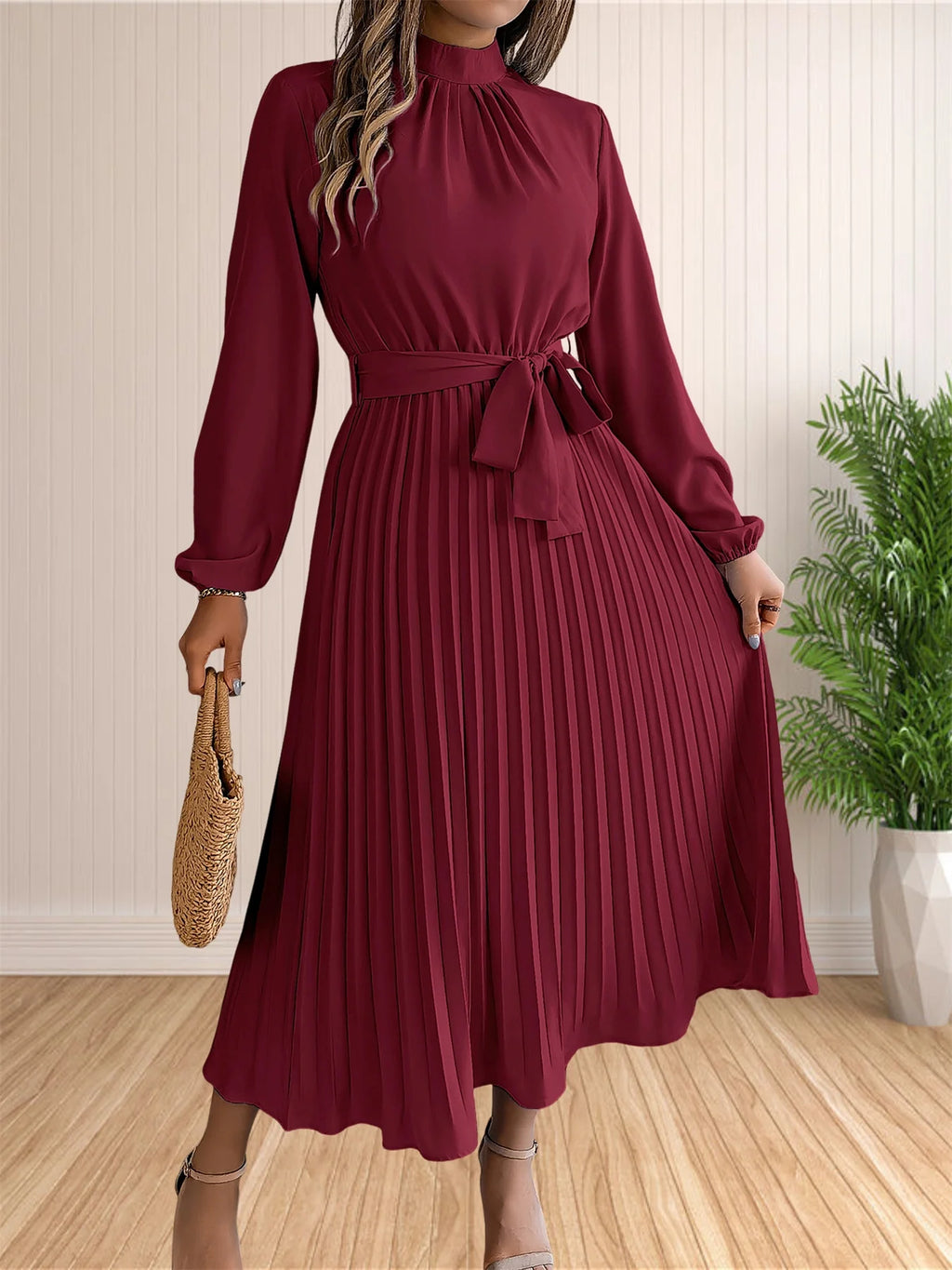 Women's Long Dresses Summer Elegant Pleated Long Sleeveed Lace Up Dresses Beach Boho Wrap Ruffle Hem Swing Sundress
