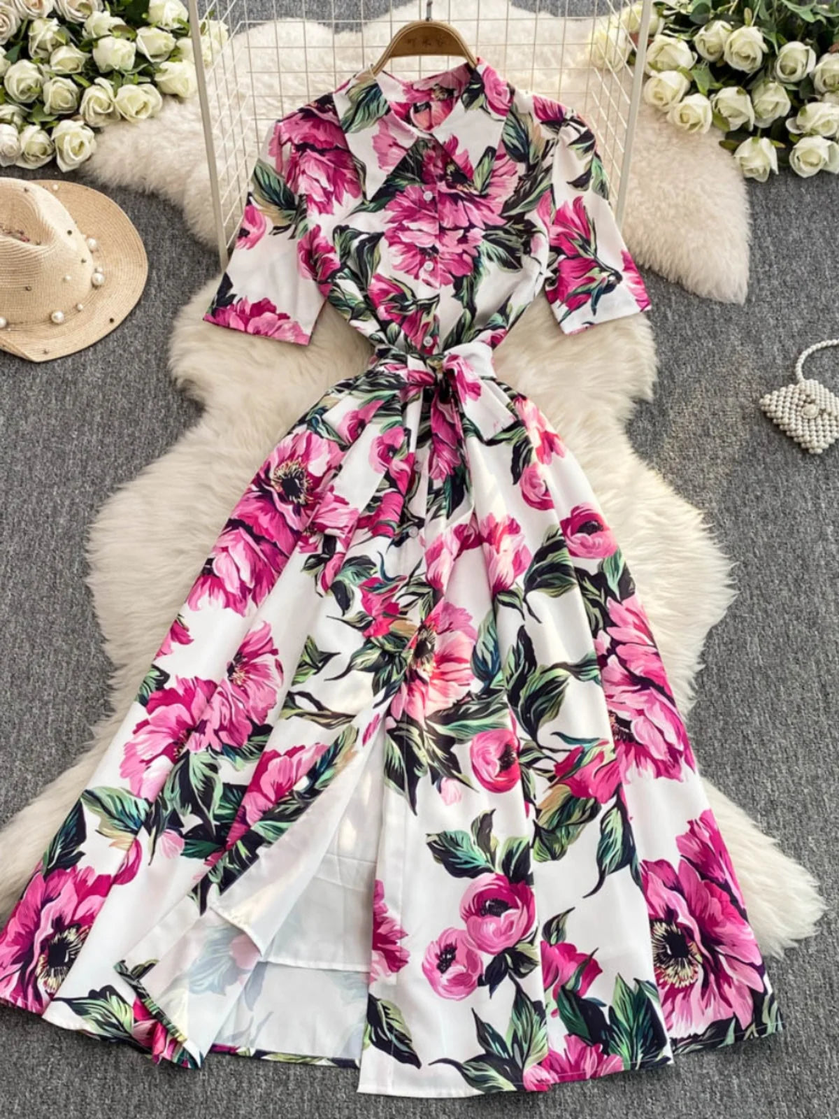 Women Long Dress 2025 Elegant Summer Thin Rose Print Shirt Long Dress Boho Party Y2k